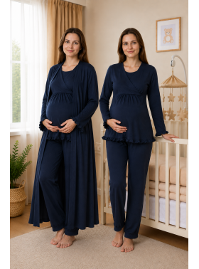 Effortt 4044 Lacivert Gizli Emzirme Özellikli Sabahlıklı Lohusa Pijama Takımı